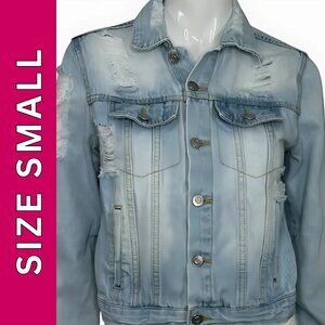 Love Tree Denim Jacket Womens Small Blue Light Wash Button Up Front Distressed